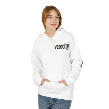Person wearing a white hoodie with 'verocity' text on a white background