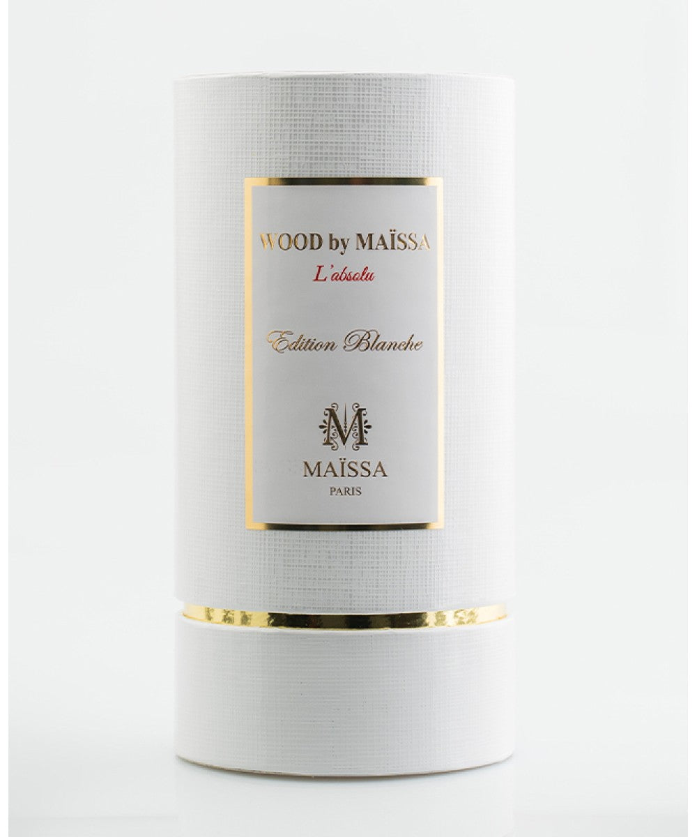 Candle in a white paper wrap with 'Wood by Maissa' branding on a white background