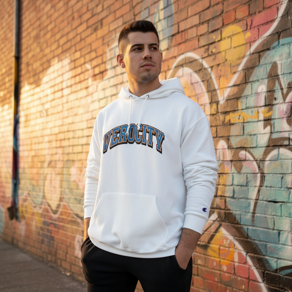 Verocity Logo Hoodie — Bold Retro Text Champion Hoodie